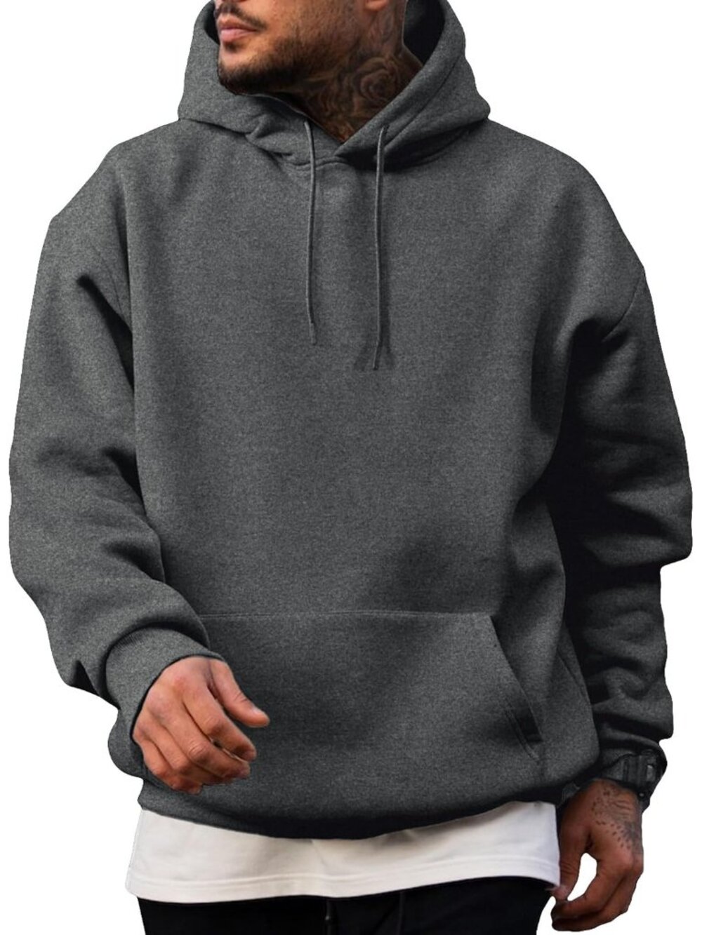 Men's Coffee Grey Fleece Lined Oversized Pullover Drawstring Hooded Sweatshirts